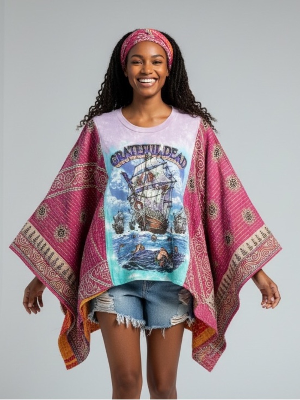 Grateful Dead Upcycled Kantha Kimono Poncho Boho Festival Wearable Art Pockets